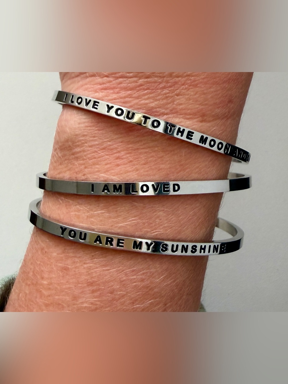 Stamped Message Silver Bangle Set - Inspirational Quotes